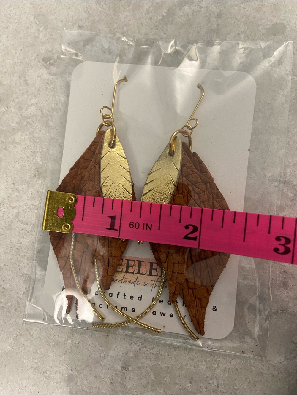 Handcrafted Brown Leather Feather Drop Earrings & Leopard/Fall Season Earrings - Picture 7 of 12